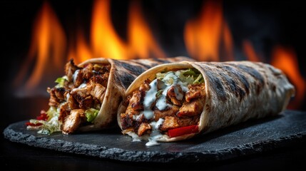 Stunning photo of wrap dark slate board fire burning background is Chicken shawarma durum doner.