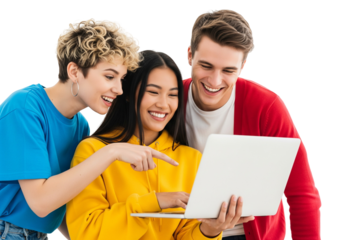 Three People Collaborating Around Laptop Screen Isolated on White Background