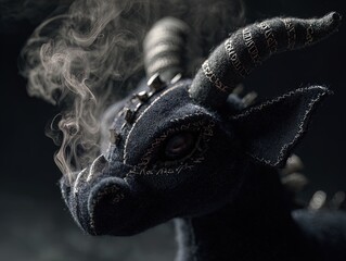 Fototapeta premium enchanting gothic plush toy dragon head: velvet textures, silver rune horns, and smoke effects - perfect for dark fantasy posters and unique interior decor!