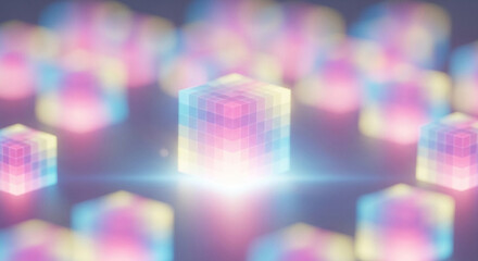 A vibrant, glowing, translucent cube with a rainbow color gradient stands out among many similar, softly lit cubes in a dark, abstract, and futuristic digital landscape.