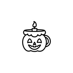 Pumpkin Cup Icon. Halloween Jack O’Lantern Mug with Candle Flame Vector