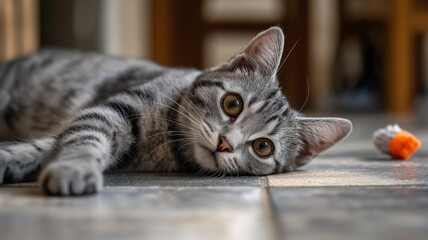 Obraz premium A gray striped cat lounges comfortably on a tiled floor in a cozy room, playing with a toy.