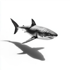 Fototapeta premium Großer Weißer Hai freigestellt auf weißem Hintergrund – schwimmender Knorpelfisch mit Schattenwurf und Lichtreflexen; maritimes Wildtier, Meeresraubtier, Unterwasser, Weißer Hai, Großer Weißer Hai