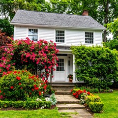 Obraz premium Charming white house with vibrant garden