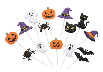Halloween cake toppers with pumpkins, ghosts, bats, cats, and spiders isolated on transparent background