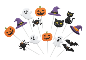 Halloween cake toppers with pumpkins, ghosts, bats, cats, and spiders isolated on transparent background