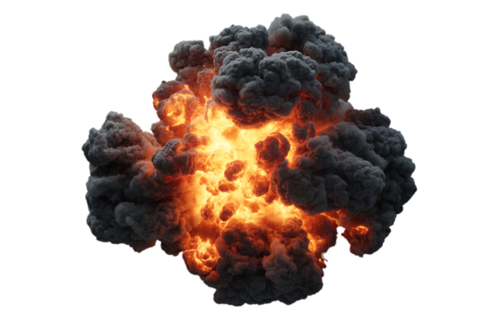 Realistic fiery explosion with dark smoke detailed render transparent background