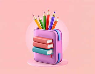 Fototapeta premium School Supplies 3D Cartoon Pencil Case with Books and Pencils
