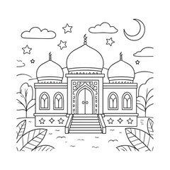 A detailed coloring page of a beautiful mosque with three domes and a central entrance. 