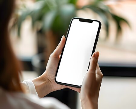 mock up phone in woman hand showing white screen
