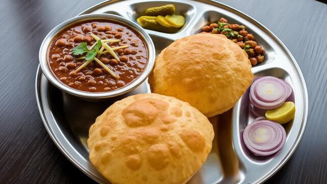 Traditional Indian chole bhature, a spicy chickpea curry with fried bread. This delicious meal is served on a thali platter with pickles and onions