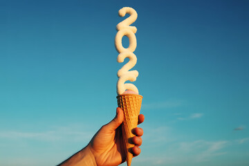Hand holding an ice cream cone with 2026 formed from sugar against a clear blue sky symbolizing a sweet new year and the anticipation of future celebrations and joy