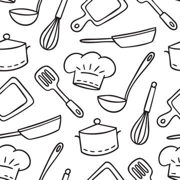 Seamless kitchen utensil pattern in black line art with chef hats, pots, pans, whisks, and cooking tools on white background