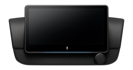 Voice-enabled car infotainment system with a wide touchscreen and dashboard integration