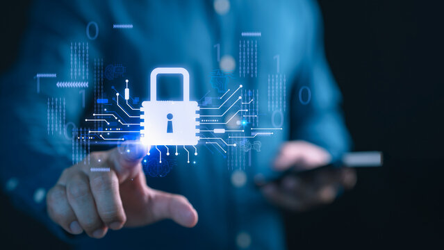 Man touching digital padlock hologram with smartphone in hand, symbolizing cybersecurity, data protection, encryption, online privacy, secure access and information technology security.
