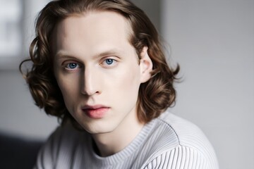 Fototapeta premium Close-Up Portrait of Person with Wavy Light Brown Hair in Gray Sweater – Blue Eyes, Soft Lighting, Neutral Background