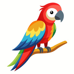 Fototapeta premium Vibrant Cartoon Macaw Perched on Branch, Tropical Bird Illustration, Cheerful and Playful Style, Perfect for Children's Books or Educational Materials.