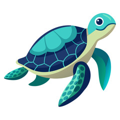 Friendly Cartoon Sea Turtle, Teal and Navy Blue,  Ocean Life Illustration, Childrens Book Style