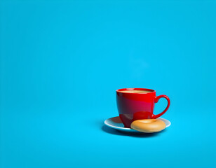 Red coffee cup with bagel on a white saucer against a vivid blue backdrop