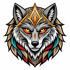 Majestic Ornate Wolf Head, Tribal Style, Fierce Expression, Vivid Colors, Fantasy Art, Digital Illustration