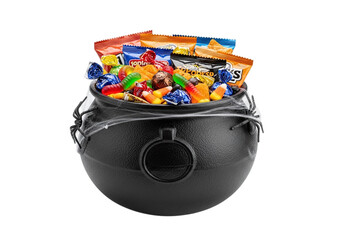 Black cauldron filled with halloween candy and wrappers isolated on transparent background