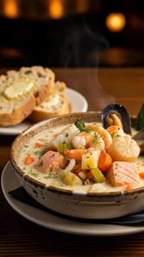 A steaming bowl of creamy Irish seafood chowder, a hearty stew with salmon, shrimp, and mussels. Served with toasted bread in a cozy restaurant