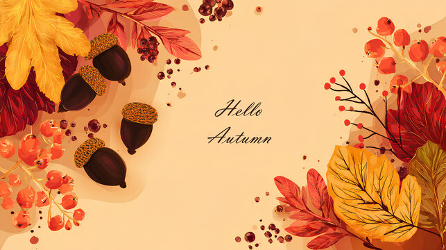 Rustic autumn-themed flat illustration with vibrant leaves, acorns, and blossoms highlighting a central message, ideal for fall campaigns.