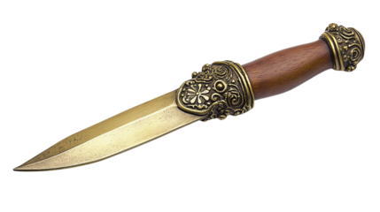 Vintage brass letter opener with wooden handle isolated on transparent background 