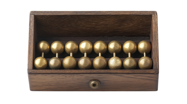 Vintage brass push pins in wooden box isolated on transparent background