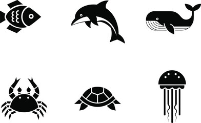 Marine Life Black Silhouette Icon Set. Vector Illustration of a Dolphin, Whale, Fish, Crab, Turtle and Jellyfish. Ocean Creatures Graphic Element.