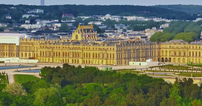 Aerial view of Palace of Versailles and the gardens surrounding it, France