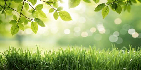 Obraz premium Soft focus green foliage and lush grass illuminated by gentle sunlight creating a serene natural background
