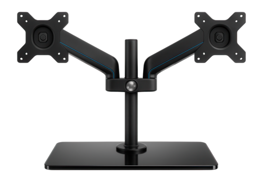 Dual monitor stand with black tempered glass base and height-adjustable arms