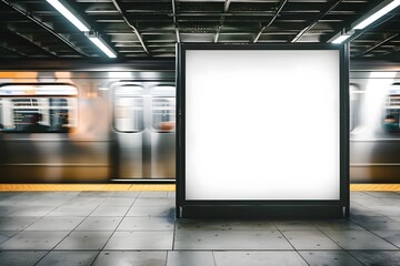 Mock up Poster media template Ads display in NYC Train Subway Station with moving Train on background. Realistic 3d render illustration 