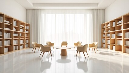 A bright, minimalist reading room with beige chairs, a round table, built in bookshelves, and large windows.