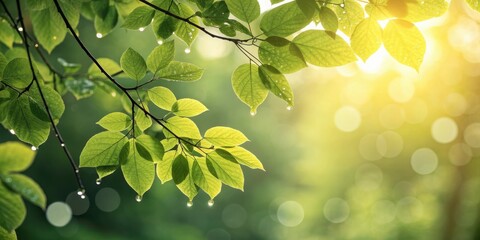 Sunlight filtering through wet green leaves after rain with water droplets reflecting golden light