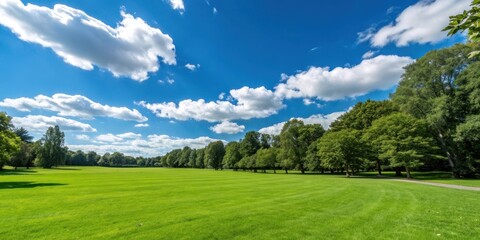 Vibrant green lawn under a blue sky with fluffy white clouds and lush trees