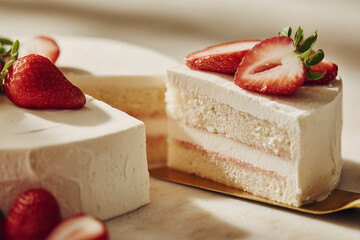 Close up. White cream sponge cake with strawberry. Cut into pieces, being scooped up.
