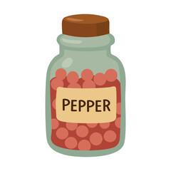 Glass jar with red peppercorns and label in flat vector style, isolated spice illustration.