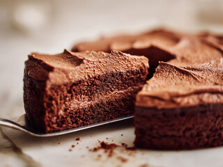 Close up. Chocolate cream sponge cake. Cut into pieces, being scooped up.