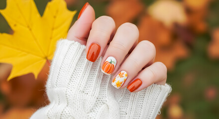 Autumn-themed nail art with pumpkin and fall leaf designs in cozy sweater
