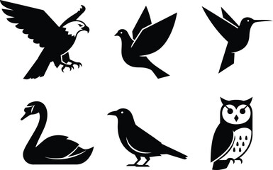 A set of black and white bird vector icons. A collection of wildlife graphic symbols including an eagle, owl, swan, and hummingbird. Perfect for nature-themed logos and designs.