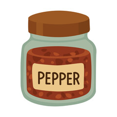Glass jar filled with crushed red pepper flakes in flat vector style, isolated spice illustration.