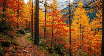 Obraz premium Vibrant Autumnal Forest Path with Golden Larch and Red Maple Foliage in Mountainous Landscape