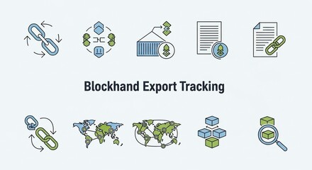 Blockchain Technology Icons for Secure Global Export Tracking and Supply Chain Management.