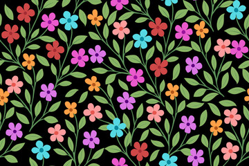Seamless floral pattern with colorful blossoms in pink, purple, blue, orange, and red with lush green leaves on black background for textile and decor.