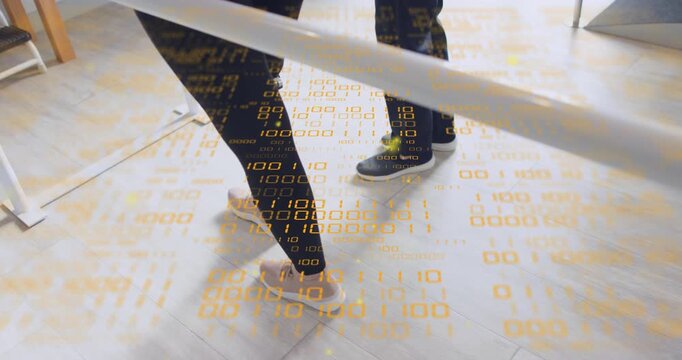 Patient gripping bars initiating prosthetic leg weight shifting for gait therapy with code overlay