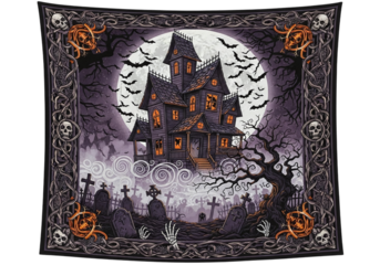 Haunted house with graveyard and bats under the full moon isolated on transparent background