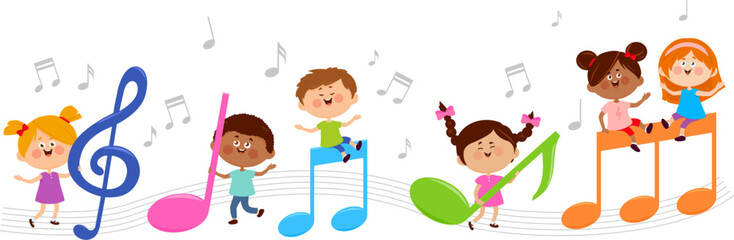 Group of children play music. Little kids sing and dance with friends together. Kids on musical pentagram singing and playing with musical notes. Boys and girls musical school activity. 