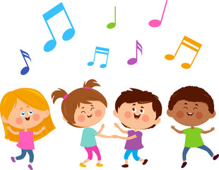 Children play and dance to music. Little kids party with friends together. Boys and girls have fun with musical school activity. Kids listen to music, singing and dancing with musical notes. 
